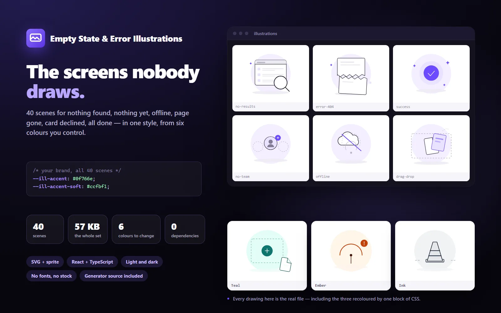 Empty State & Error Illustrations — 40 Themeable SVG Scenes