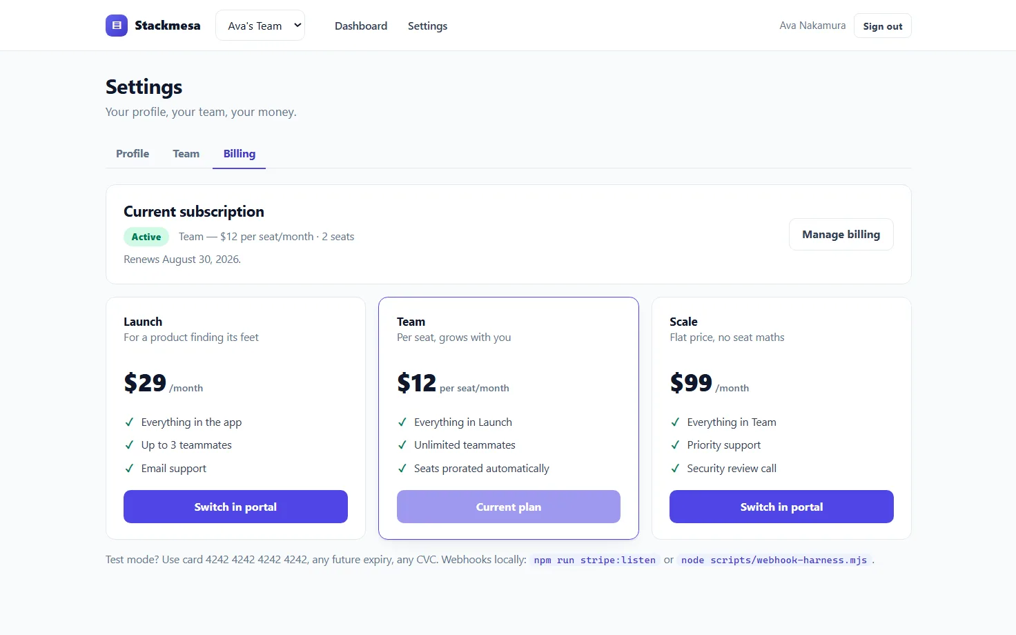 Stackmesa billing page — live per-seat subscription