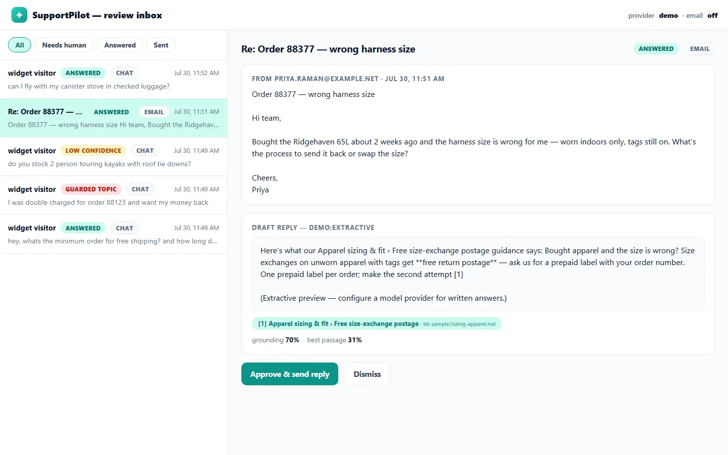 SupportPilot review inbox